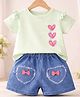 POP STREET KIDS Cotton Blend Woven Half Sleeves Heart Printed Tee & Shorts Set - Green