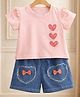 POP STREET KIDS Cotton Blend Woven Half Sleeves Heart Printed Tee & Shorts Set - Pink