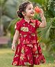 Babyhug Cambric Woven Half Sleeves Ethnic Dress with Leaf Print - Red