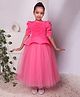 Toy Balloon Kids Velvet Woven Three Fourth Sleeves Beads Embellished Floral Applique Detailed Gown - Pink