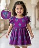 EARTHY TOUCH Cotton Knit Half Puffed Sleeves Ethnic Dress with Floral Foil Print - Purple