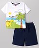 Babyhug Single Jersey Knit Half Sleeves T-Shirt & Shorts Set with Dino Print - White & Blue