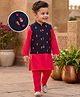 Babyhug Cotton Blend Woven Full Sleeves Kurta Pyjama Set With Floral Embroidered Nehru Jacket - Red & Navy Blue