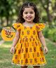 EARTHY TOUCH Cotton Knit Frill Sleeves Ethnic Dress with Floral Print - Yellow