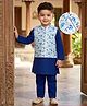 Babyhug Cotton Blend Woven Full Sleeves Kurta Pyjama Set With Floral Printed Brocade Nehru Jacket - Blue