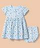Babyhug Cotton Frock and Bloomer with Half Sleeves and Cat Print With Bow Applique - Light Blue