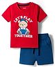 Babyhug 100% Cotton Knit Half Sleeves Bear Printed T-Shirt & Shorts Set - Red & Navy Blue