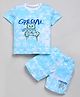 DEAR TO DAD Cotton Knit Half Sleeves Tie Die & Teddy Bear Printed Coordinating Tee & Shorts Set -  White & Sky Blue