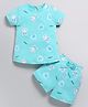DEAR TO DAD Cotton Knit Half Sleeves Bunny Printed Coordinating Tee & Shorts Set - Aqua Blue