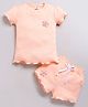 DEAR TO DAD Cotton Knit Half Sleeves Floral Applique Detailed Ribbed Top & Shorts Set - Peach