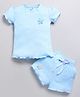DEAR TO DAD Cotton Knit Half Sleeves Floral Applique Detailed Ribbed Top & Shorts Set - Sky Blue