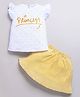 DEAR TO DAD Cotton Knit Frill Sleeves Polka Dots & Glitter Embellished Princess Text Printed Top & Skirt Set - White & Yellow