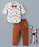 Dapper Dudes Knit Full Sleeves Aircraft Printed Shirt & Trouser Set With Bow & Trouser - Brown