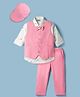 Dapper Dudes Woven Full Sleeves Printed 3 Piece Party Suit With Bow & Cap - Pink
