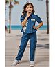 Lei-Chie Linen Woven Half Sleeves Coconut Tree Embroidered Shirt & Pant Set - Blue