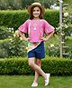 Lei-Chie Cotton Blend Woven Half Sleeves Abstract Embroidered Tassel Detailed  Top & Shorts With Scarf Set - Pink