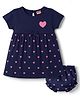 Babyhug Interlock Knit Half Sleeves Hearts Printed Frock With Bloomer - Navy Blue