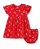 Babyhug Single Jersey Knit Half Sleeves Peter Pan Collared Floral Printed Frock with Bloomer - Red