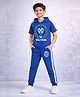 Trampoline Cotton Blend Knit Half Sleeves Lion Printed Hooded Tee & Side Taped Joggers Set - Blue