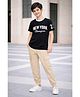 Trampoline Cotton Blend Knit Half Sleeves New York Champion Text Printed Tee & Joggers Set - Black & Beige