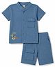 Kids Magic Cotton Knit Half Sleeves Co-Ord Shirt & Shorts With Beach Theme Embroidery - Blue