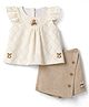 Kids Magic Cotton Knit Half Sleeves Top & Skort With Floral Applique - Cream & Beige