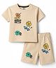 Kids Magic Cotton Knit Half Sleeves T-Shirt & Shorts With Monster Print - Beige