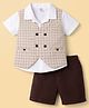 Kids Magic Cotton Knit Half Sleeves 3 Piece Checks Party Suit  - White Beige & Brown