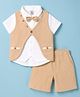 Kids Magic Cotton Knit Half Sleeves Solid 3 Piece Party Suit With Bow - Beige