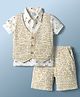 Kids Magic Half Sleeves 3 Piece Suit With Bow & Ship Print - Yellow & White