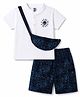 Kids Magic Cotton Knit Half Sleeves T-Shirt & Shorts With Sling Bag & Sun Print - White & Navy Blue