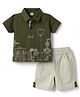 Kids Magic Cotton Knit Half Sleeves Printed T-Shirt & Shorts - Olive Green & Light Grey