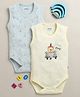 BUMZEE Cotton Knit Pack Of 2 Sleeveless Car Printed Onesies - Sky Blue & Cream