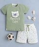 BUMZEE Cotton Knit Half Sleeves Bear Face Applique Tee & Shorts Set - Green & Lemon