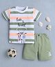 BUMZEE Cotton Knit Half Sleeves Vehicle Printed Striped  Tee & Shorts Set - White & Green