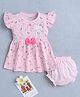 BUMZEE Cotton Knit Half Sleeves Floral Printed Dress With Bloomer - Pink