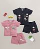 BUMZEE Cotton Knit Pack Of 2 Half Sleeves Play The Game Text & Teddy Printed Jhablas & Shorts Set - Navy Blue & Onion Pink