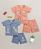 BUMZEE Cotton Knit Pack Of 2 Half Sleeves Typography & Animals Printed Jhablas & Shorts Set - Blue & Peach