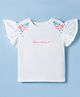 Korkak Cotton Knit Flutter Sleeves Top with Floral Embroidery - Off White