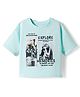 Korkak Cotton Lycra Knit Drop Shoulder Half Sleeves T-Shirt with Text Print - Aqua Blue