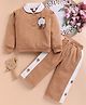 I Love Mom Cotton Knit Full Sleeves Teddy Applique Detailed Winter Sweatshirt & Pant Set - Brown