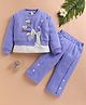 I Love Mom Cotton Knit Full Sleeves Puppy Embroidered & Bow Applique Detailed Top & Pants Set - Blue