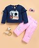 I Love Mom Cotton Knit Full Sleeves Camera Printed Winter Sweatshirt & Pant Set - Pink
