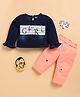 I Love Mom Cotton Knit Full Sleeves Girl Text Printed Winter Sweatshirt & Pant Set - Peach