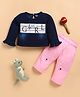 I Love Mom Cotton Knit Full Sleeves Girl Text Printed Winter Sweatshirt & Pant Set - Pink