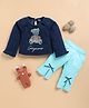 I Love Mom Cotton Knit Full Sleeves Glitter Embellished Teddy Bear Printed Winter Sweatshirt & Pant Set - Blue
