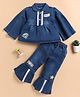 I Love Mom Cotton Denim Full Sleeves Smiley Text Patch Detailed Top & Pant Set - Dark Blue
