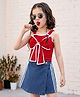 OLLINGTON ST. Cotton Knit Sleeveless Top & Stretchable Denim Skorts Set - Red & Blue