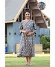 SWEETMOON Linen Knit Three Fourth Sleeves Floral Printed Dress With Side Zipper Nursing Access - Grey