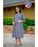 SWEETMOON Rayon Knit Three Fourth Sleeves Leaves Printed Maternity Dress With Side Zipper Nursing Access - Blue
